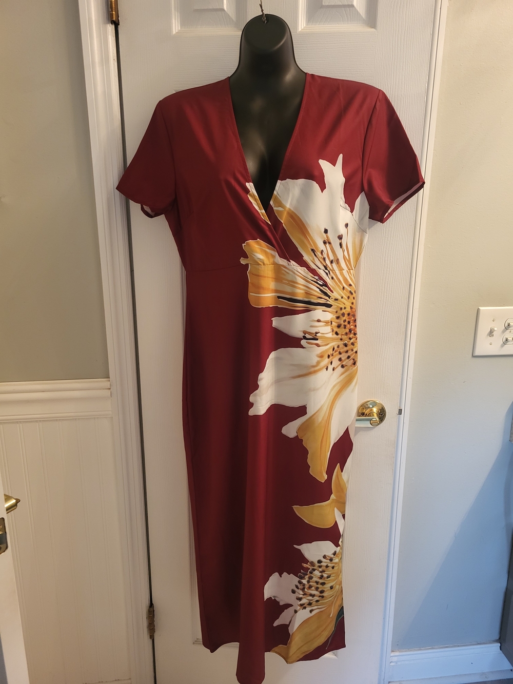 Burgundy Floral Maxi Dress with V-Neck